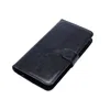 A black leather wallet-style phone case is shown against a white background. Produktbild-Vorschau