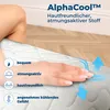 A hand touching a mattress, with icons and text describing its features. Produktbild-Vorschau