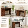 Collage of images showing a rustic brown desk in different settings, including a home office and a dressing area, with text overlays describing its uses. Produktbild-Vorschau