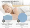 A child sleeping on a bed, with close-up insets showing mattress material and texture. Produktbild-Vorschau