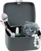 A gray plastic organizer box with a lid open, containing various bathroom items like a makeup brush, a small bottle, a shower puff, and a string of pearls. Náhled obrázku produktu