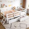 A white wooden children's loft bed with two drawers and a ladder, set up in a child's bedroom with decorations on the wall. Anteprima dell’immagine prodotto