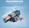 A winch is shown partially submerged in water, with text overlays highlighting its waterproof and outdoor capabilities. Náhled obrázku produktu