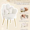A white accent chair with gold legs, featuring a bow-knot pillow and marketing text highlighting its features. Náhľad obrázku produktu