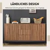 A wooden sideboard with a textured front is displayed against a dark gray wall, with decorative items on top. Produktbild-Vorschau