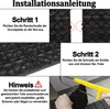 Instructions for installing interlocking tiles, showing close-ups of the connection mechanism and a person cutting a tile. Produktbild-Vorschau