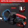 A close-up marketing image of a cordless hedge trimmer with safety feature callouts. Produktbild-Vorschau