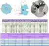 A technical drawing and a photograph of a lathe chuck, accompanied by specification tables. Podgląd zdjęcia produktu