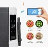 A hand holding a smartphone displaying an app interface, with a portable refrigerator and images of food items with temperature recommendations. Produktbild-Vorschau