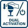 An instructional graphic showing how to activate a tool with a hand and a power button symbol. Voir les images du produit