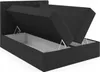 A black upholstered bed frame with its storage compartments open, revealing the interior. Produktbild-Vorschau