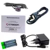 A collection of accessories for a satellite receiver, including a manual, cables, power adapter, and batteries. Produktbild-Vorschau