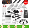 A collection of BBQ grill tools and accessories laid out on a white background, with marketing text and icons at the bottom. Voir les images du produit