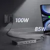A USB-C hub is shown connected to a laptop, with text indicating power delivery. Produktbild-Vorschau