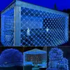 A collage of images showing blue net lights decorating outdoor structures and plants. Náhled obrázku produktu