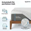 A fitted sheet being placed on a mattress, with icons and text highlighting its features and compatibility. Produktbild-Vorschau