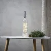 A glass bottle filled with warm white LED lights sits on a white table next to a sprig of pine and pinecones. Produktbild-Vorschau