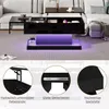 A black lift-top coffee table with LED lighting is shown in a living room setting, with close-up details of its features. Voir les images du produit
