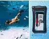 A split image showing a woman free-diving underwater on the left and a waterproof phone pouch with items inside on the right. Podgląd zdjęcia produktu