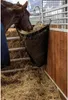 A horse eating hay from a black mesh hay bag in a stable. Anteprima dell’immagine prodotto