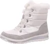 A single white and gray winter boot with white laces and faux fur trim, shown from the side against a white background. Produktbild-Vorschau