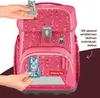 A pink backpack with cat-themed patches being shown by hands. Anteprima dell’immagine prodotto