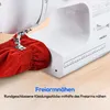 A sewing machine is shown in use, sewing a red fabric. Produktbild-Vorschau