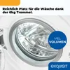 Close-up view of the inside of a white washing machine drum with text overlays highlighting features. Produktbild-Vorschau