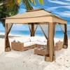 A gazebo with outdoor furniture set up on a sandy beach with palm trees and the ocean in the background. Podgląd zdjęcia produktu