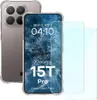 A clear phone case and two screen protectors are displayed next to a smartphone. Produktbild-Vorschau