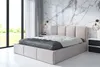 A modern bedroom with a large window, marble-patterned wall, and a bed with storage. Produktbild-Vorschau