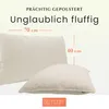 Two beige pillows are shown, with text overlay indicating dimensions and descriptive words. Produktbild-Vorschau