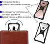 The image shows a brown leather phone case with a phone being inserted and removed, along with marketing text in German and English highlighting features. Produktbild-Vorschau