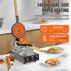 A waffle maker is shown in a kitchen setting, with finished waffles and ingredients nearby. Produktbild-Vorschau