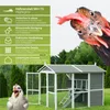 A chicken coop with a chicken in the foreground and a close-up of a chicken's head in the upper right corner, with descriptive text on the left. Produktbild-Vorschau
