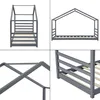 A collage of four images showing different views of a dark gray house-shaped bed frame with a slatted base. Náhľad obrázku produktu
