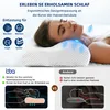 A woman sleeping on an ergonomic pillow, with diagrams illustrating the benefits of the pillow. Produktbild-Vorschau