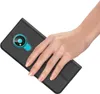 A hand holding a black flip case for a smartphone, showing the camera cutout. Produktbild-Vorschau