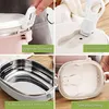 A collage of four images showing different aspects of a bento lunchbox, including its closure mechanism, ventilation opening, interior stainless steel lining, and lid seal. Produktbild-Vorschau
