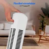 A hand is holding the handle of a white tower fan in a room. Produktbild-Vorschau
