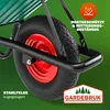 Close-up of a wheelbarrow wheel and frame with marketing text and a logo. Produktbild-Vorschau