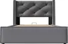 A front view of a grey upholstered bed frame with a tufted headboard. Produktbild-Vorschau