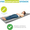 A woman lying on a gray foldable mattress, with text overlays and icons highlighting product features. Náhľad obrázku produktu
