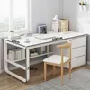 A white desk with shelves and a chair, set up in a room with a window. Produktbild-Vorschau