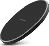 A black wireless charging pad with a silver rim, shown at an angle on a white background. Produktbild-Vorschau