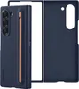 A dark blue Samsung phone case with a rose gold S-Pen holder is shown next to its matching frame. Produktbild-Vorschau