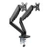 A black dual monitor gas spring desk mount with a silver clamp base, isolated on a white background. Produktbild-Vorschau