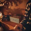 A person's hand is reaching towards a Marshall speaker and a record player on a wooden surface, with plant shadows on the wall. Produktbild-Vorschau