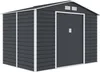 A dark gray garden shed with white trim and a double door, shown from a three-quarter angle against a white background. Náhled obrázku produktu