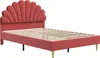 A red upholstered bed frame with a fan-shaped headboard and gold legs, shown against a white background. Produktbild-Vorschau